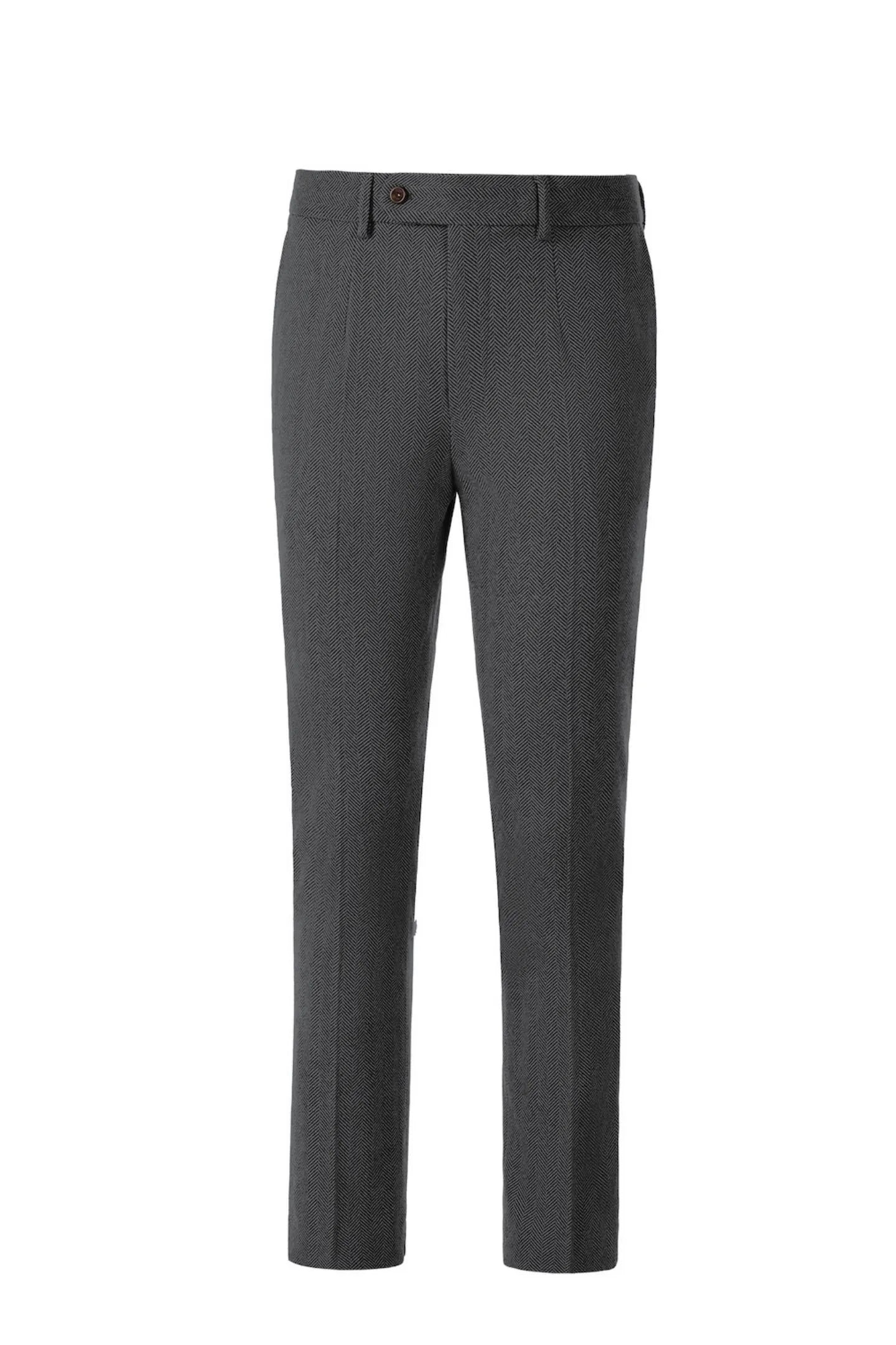 Front view of men's dark grey herringbone business suit pants – featuring classic 2-piece style and tailored fit
