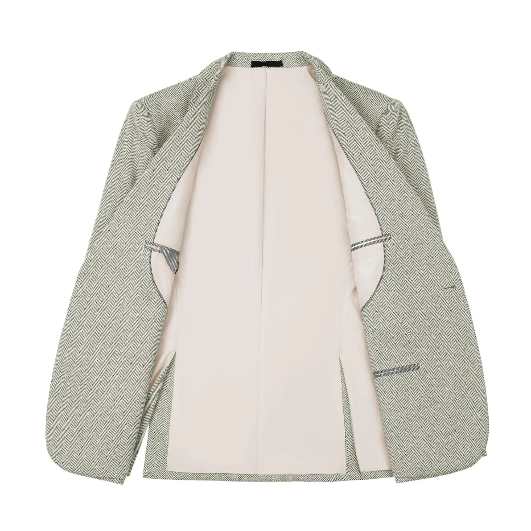 Inside view of men's green herringbone business suit blazer – showing classic inner lining and expert tailoring