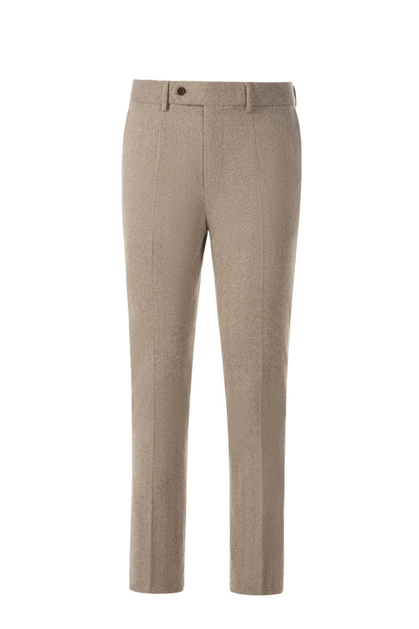 Front view of men's khaki herringbone business suit pants – showcasing tailored fit and classic 2-piece style