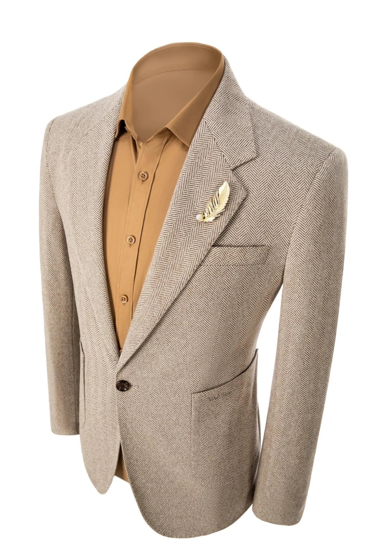 Left side view of men's khaki herringbone business blazer – highlighting the sleek, classic 2-piece suit silhouette