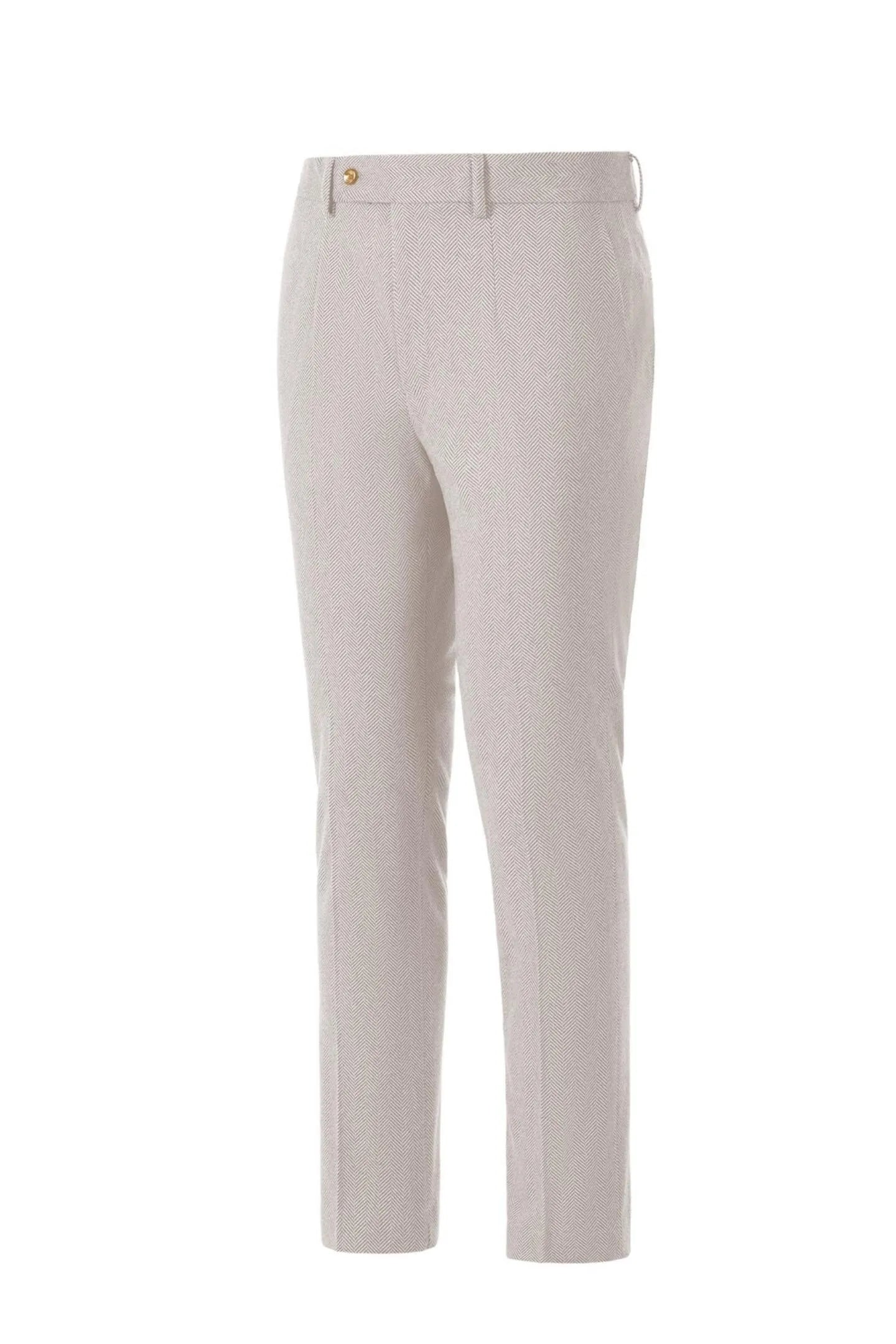 Side view of men's light beige herringbone business suit pants – showcasing the tailored fit and classic 2-piece style