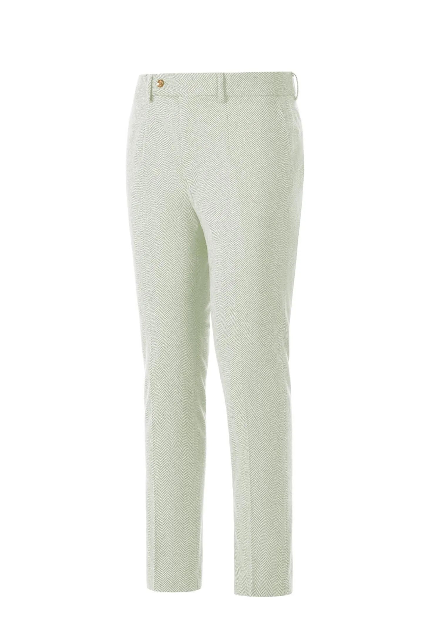 Side view of men's light green herringbone business suit pants – highlighting the tailored fit and classic 2-piece look