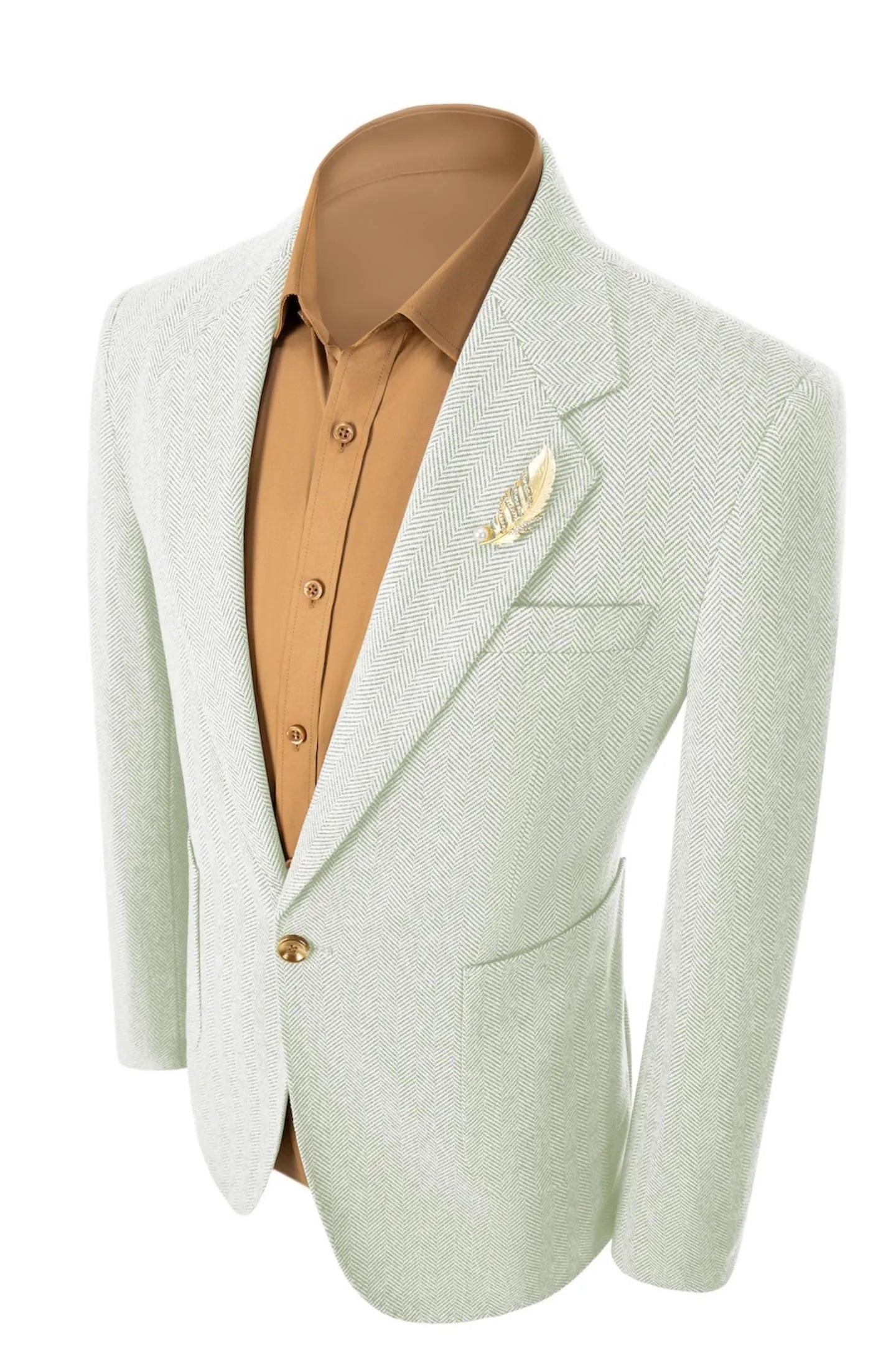 Left side view of men's light green herringbone business blazer – emphasizing tailored fit and elegant design