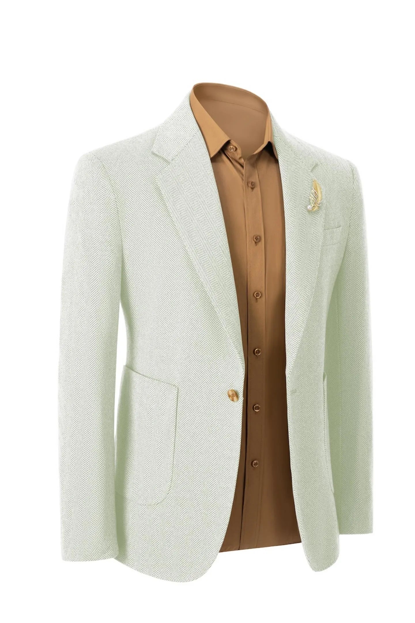 Right side view of men's light green herringbone business blazer – highlighting the classic 2-piece suit silhouette