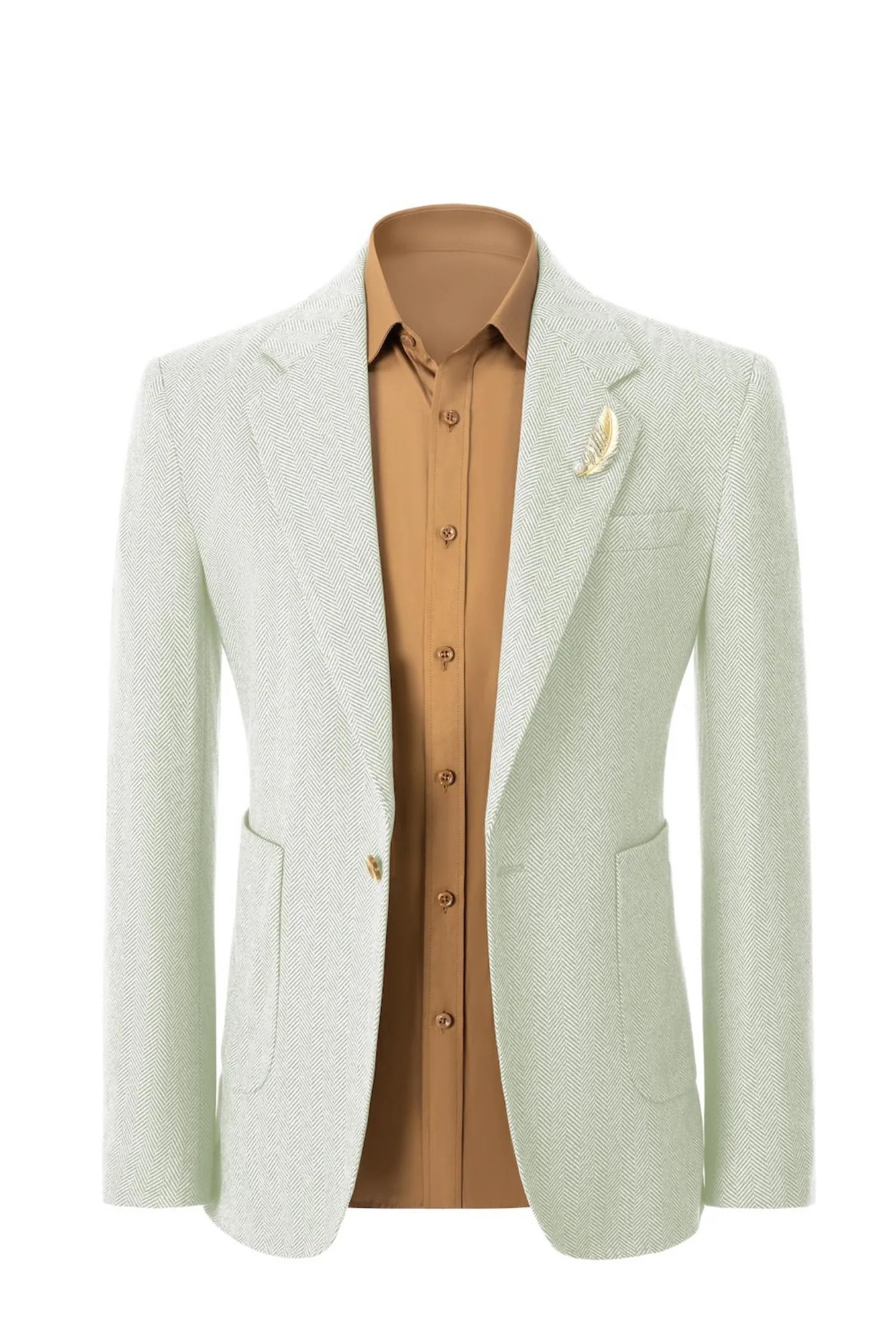 Front view of men's light green herringbone business blazer – showcasing classic 2-piece suit style with tailored fit