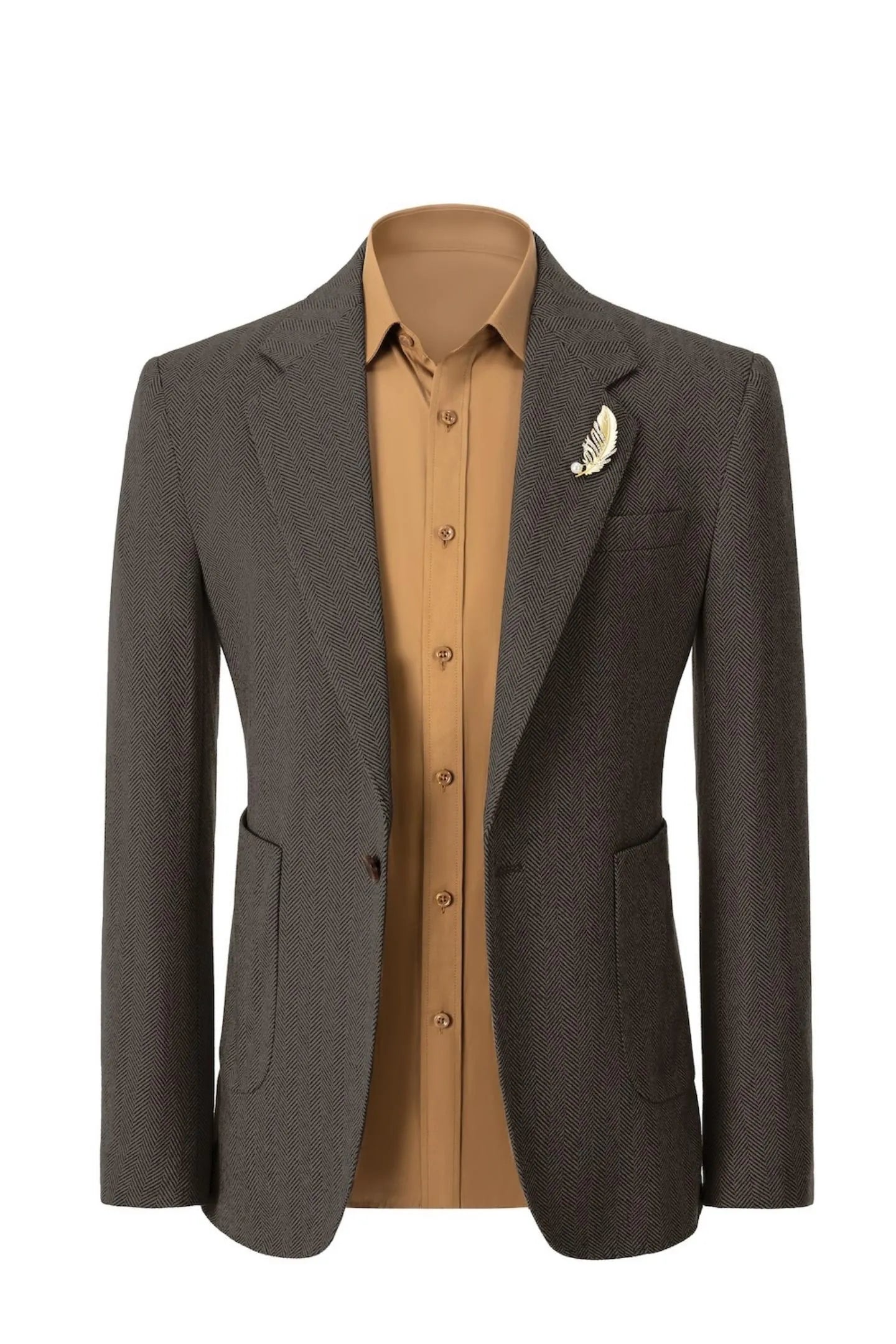 Front view of men's black brown herringbone business blazer – showcasing classic 2-piece suit style