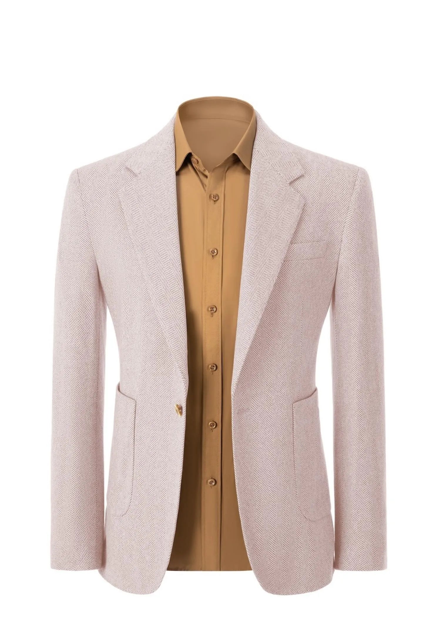 Front view of men's retro herringbone leather pink business blazer – classic 2-piece style with sharp tailoring