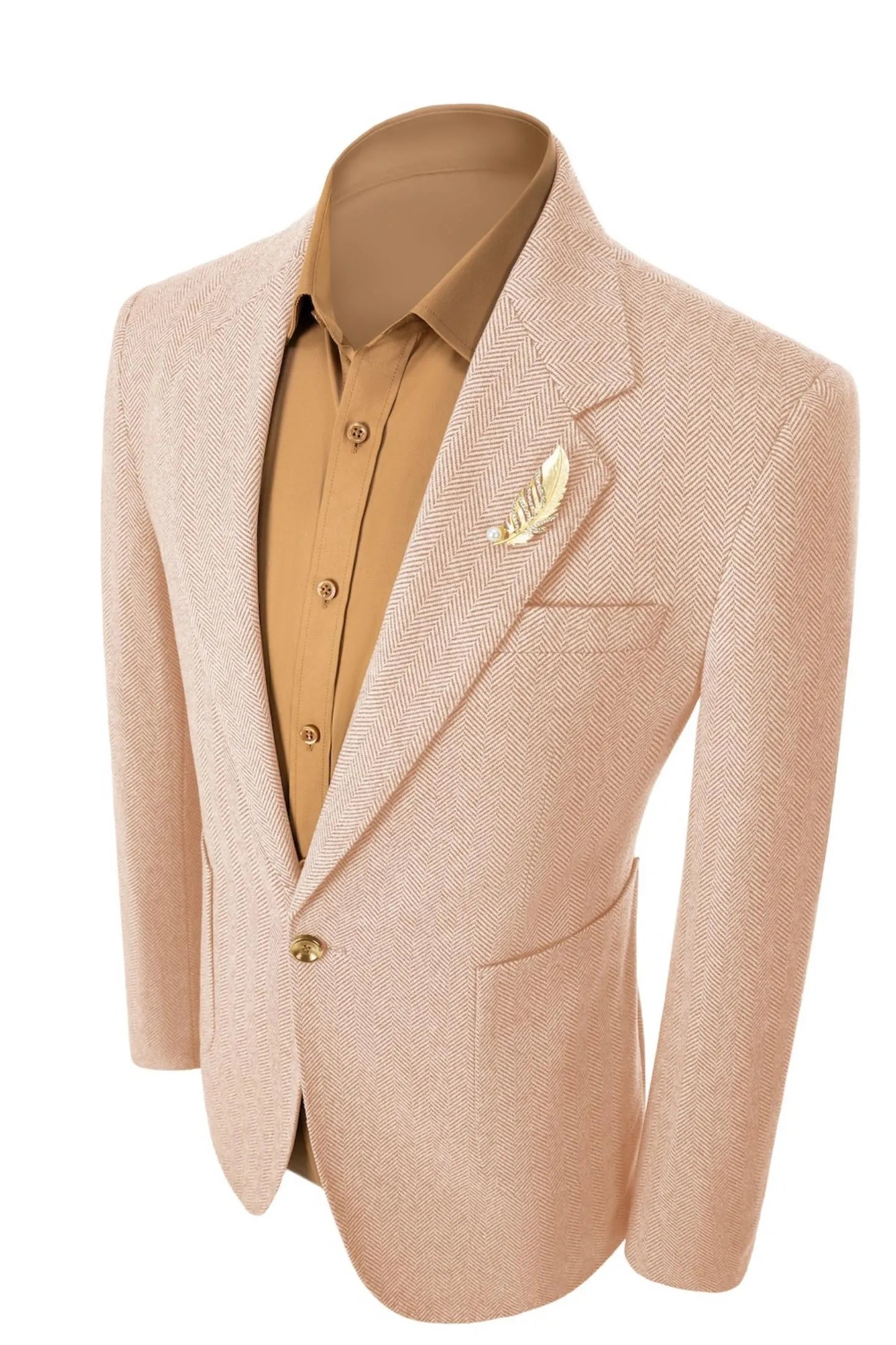 Left side view of men's orange herringbone business blazer – highlighting the sleek and refined 2-piece suit silhouette