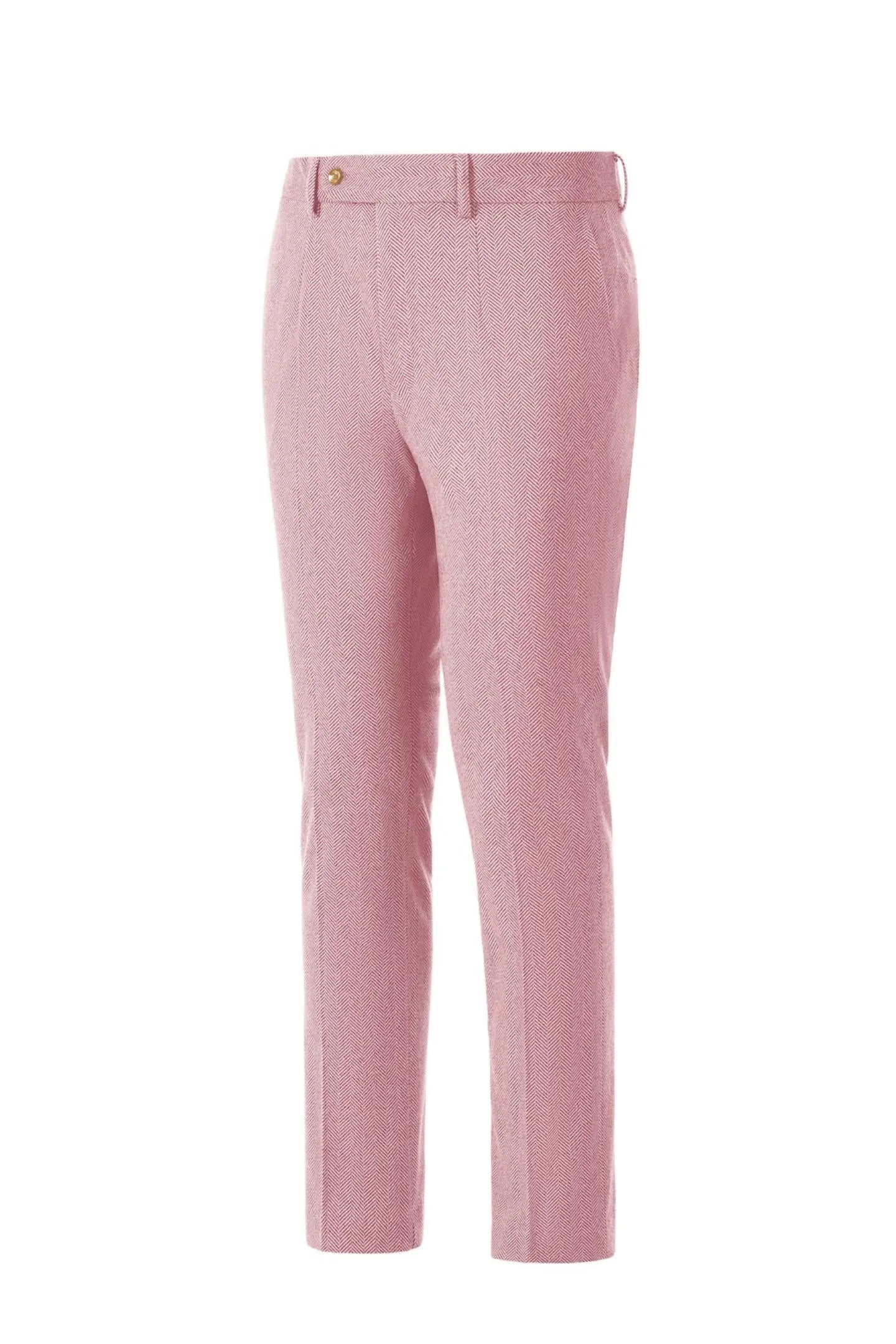 Side view of men's pink herringbone business suit pants – highlighting the sleek tailored look of the 2-piece style