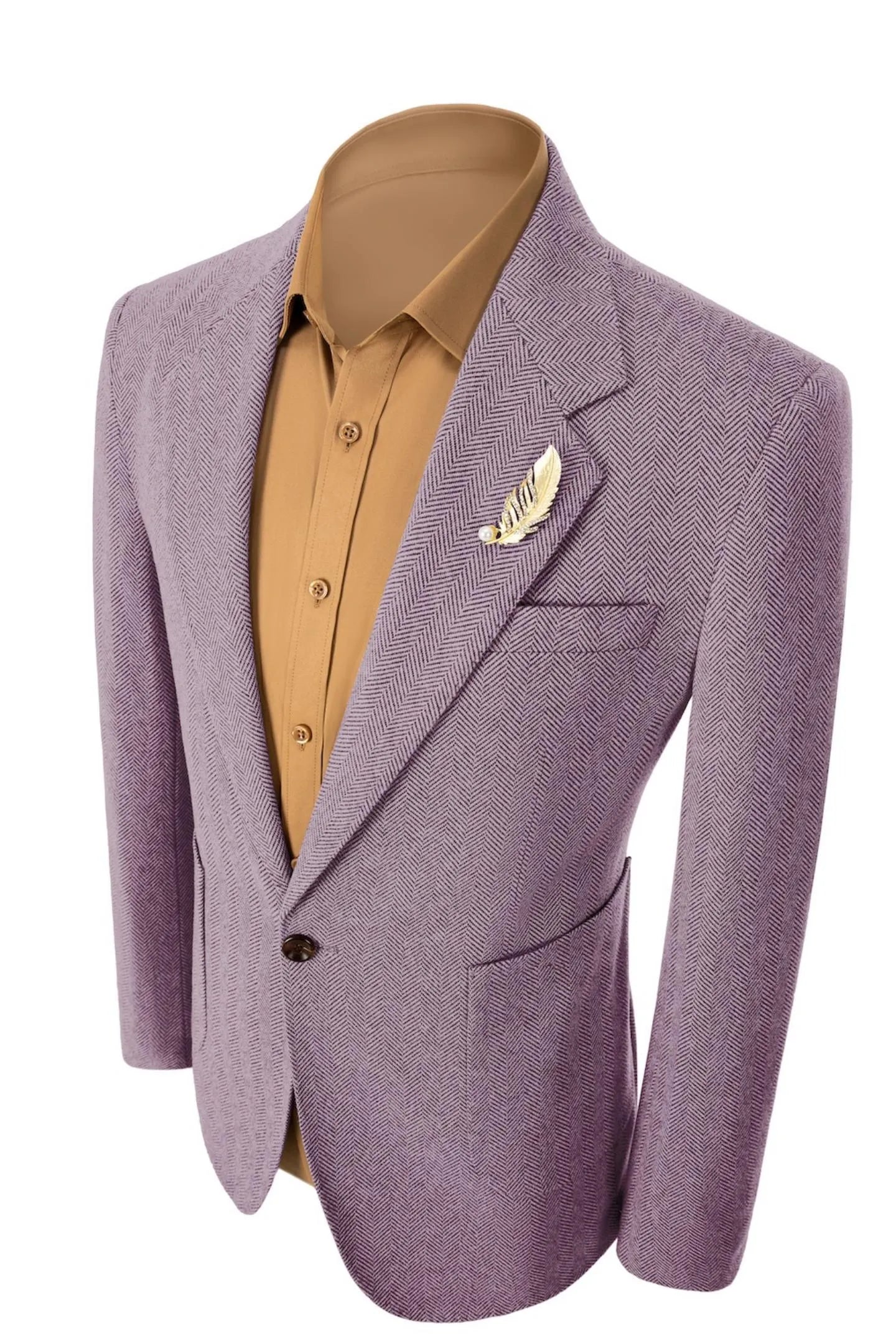Left side view of men's purple herringbone business blazer – highlighting the classic 2-piece suit silhouette