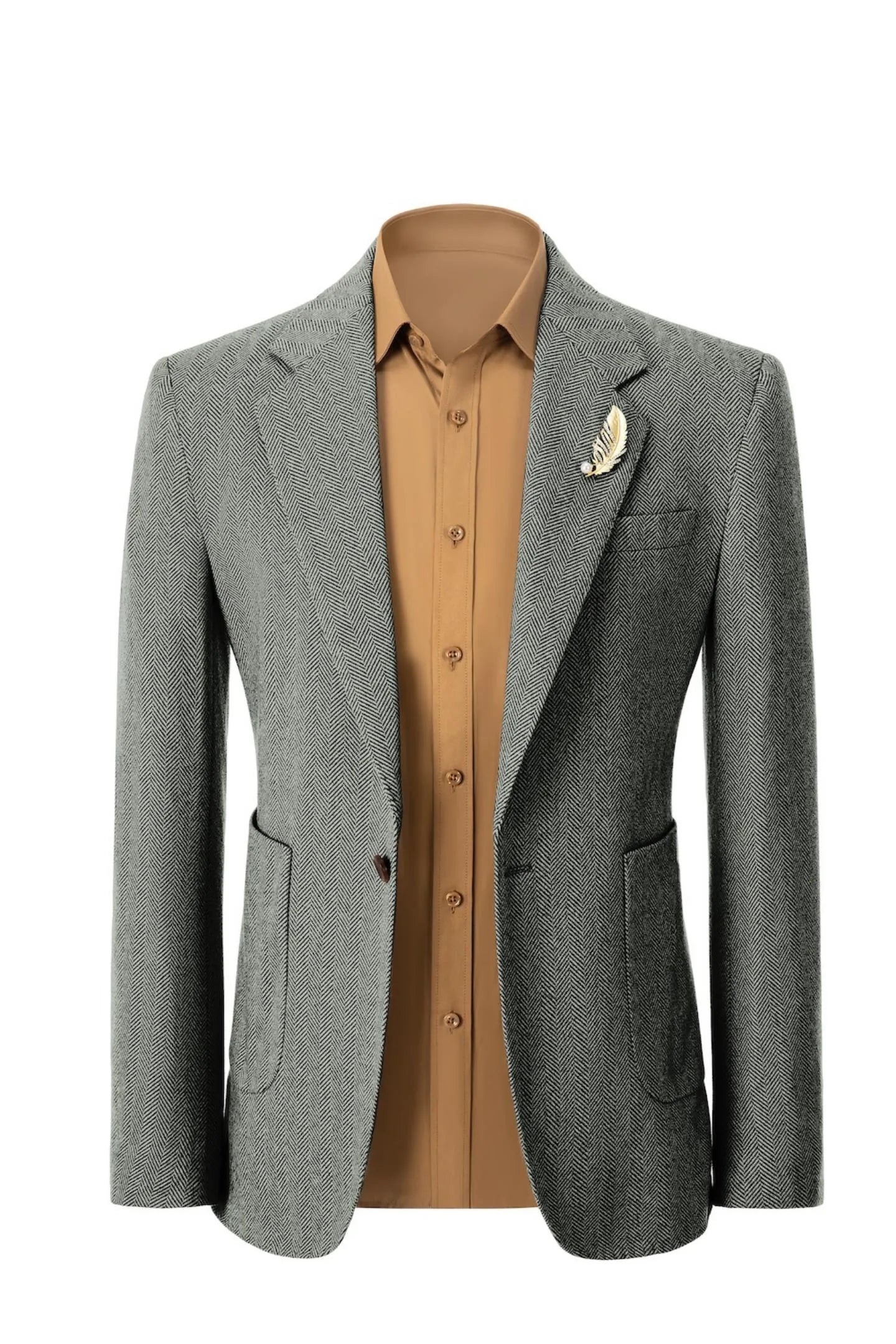 Front view of tea herringbone business suit – classic two-piece style with sharp blazer and pants