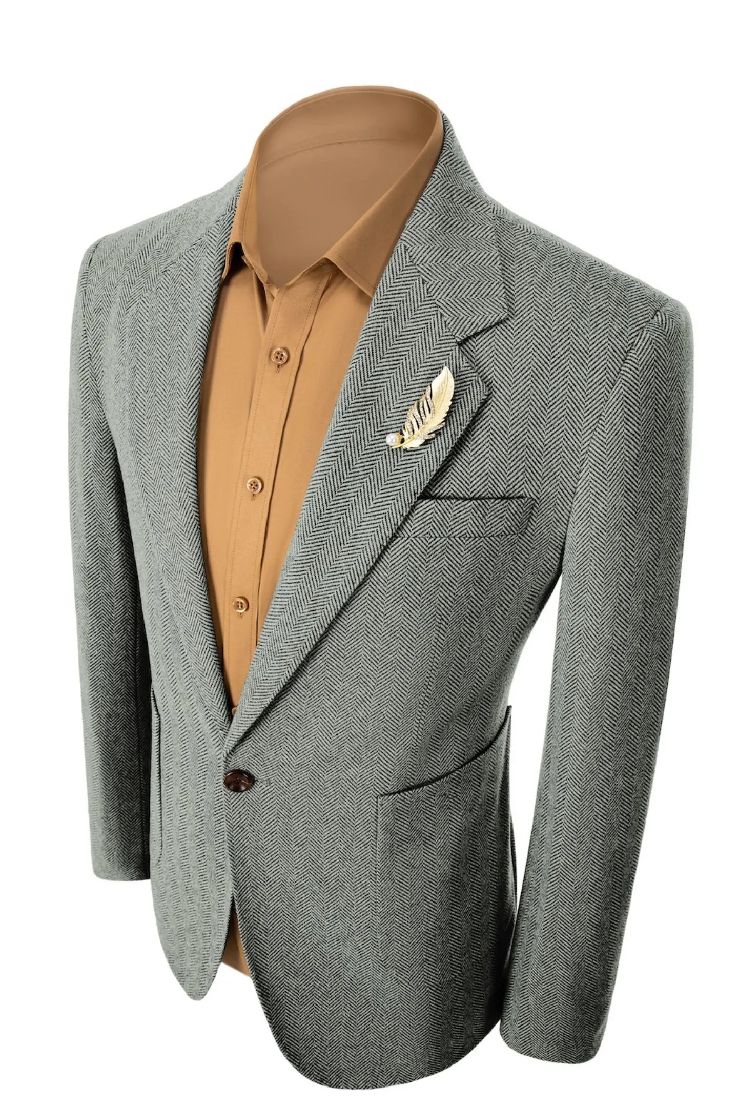Left side view of men's tea herringbone business suit – timeless two-piece business outfit