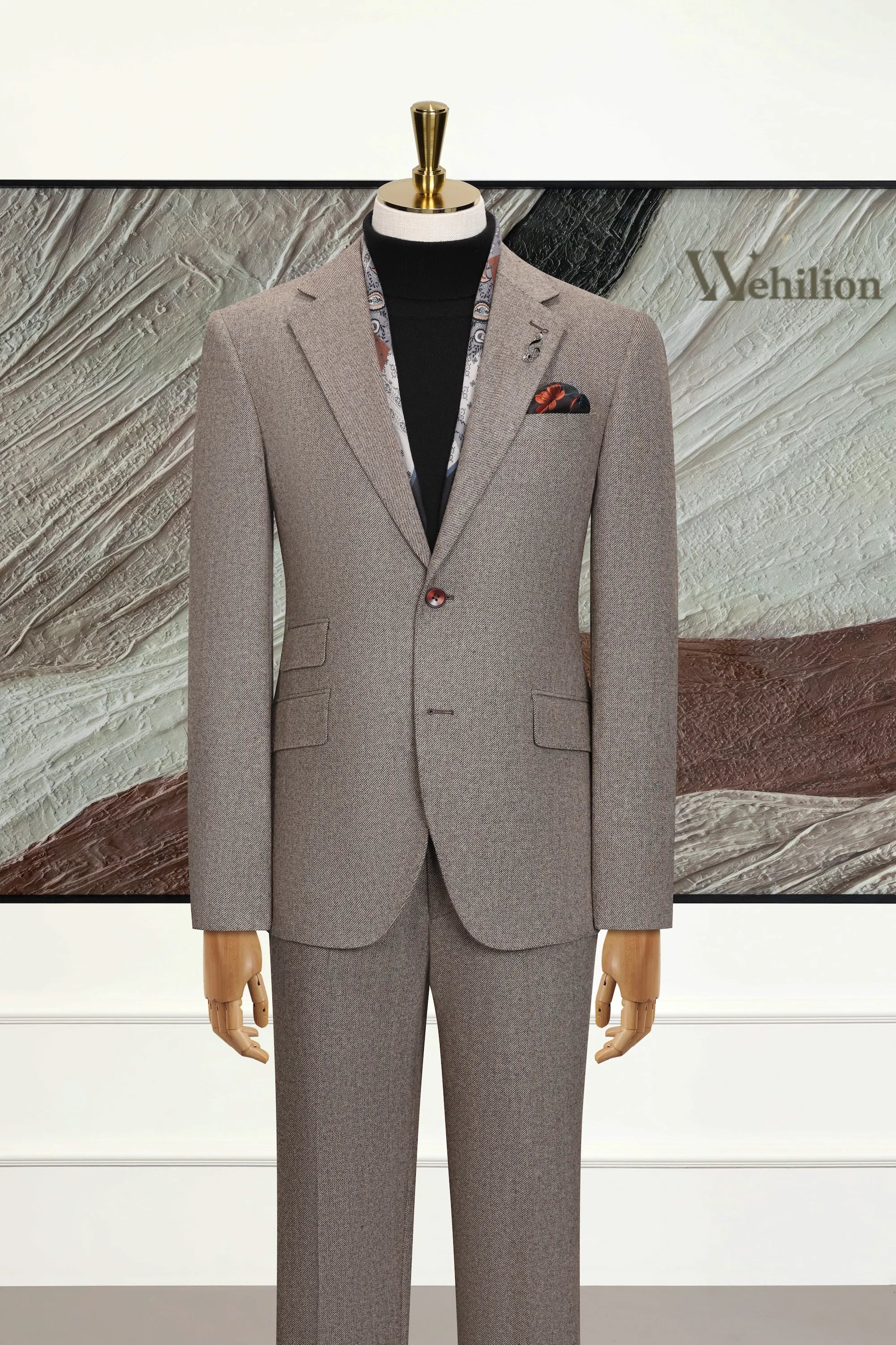 Men's Brown Wool Herringbone 3 Piece Suit