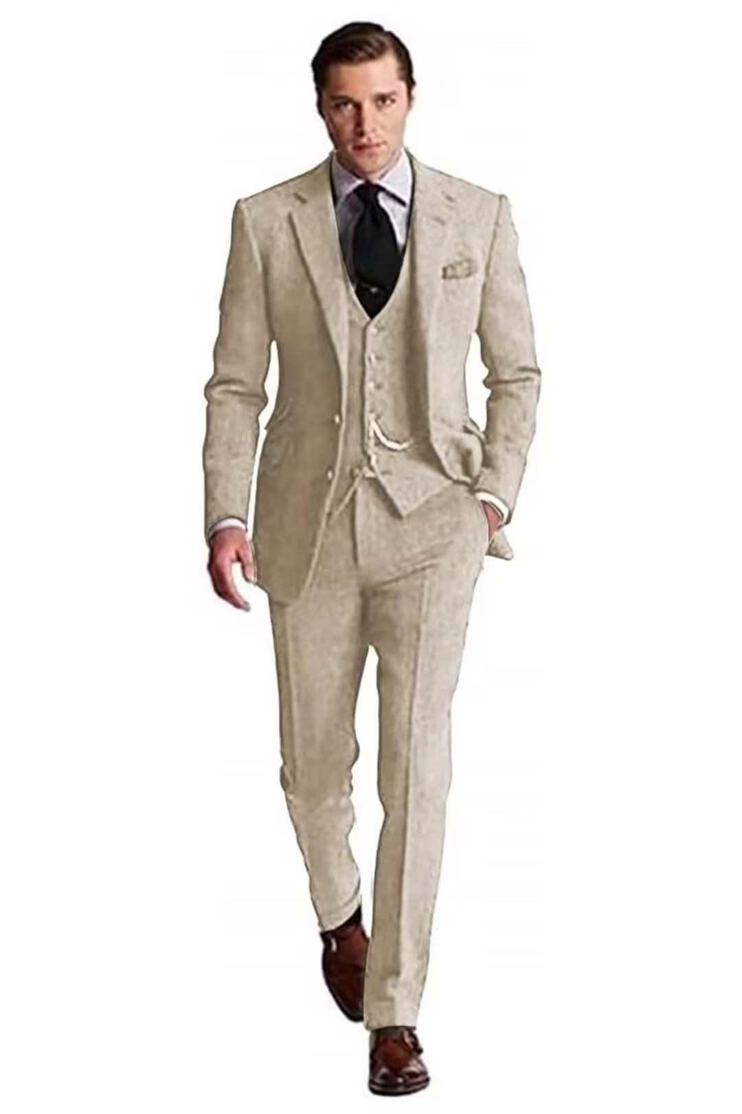 Man in a beige Slim Fit Herringbone 3-Piece Groom Suit, offering a light and sophisticated tuxedo style with tailored lines