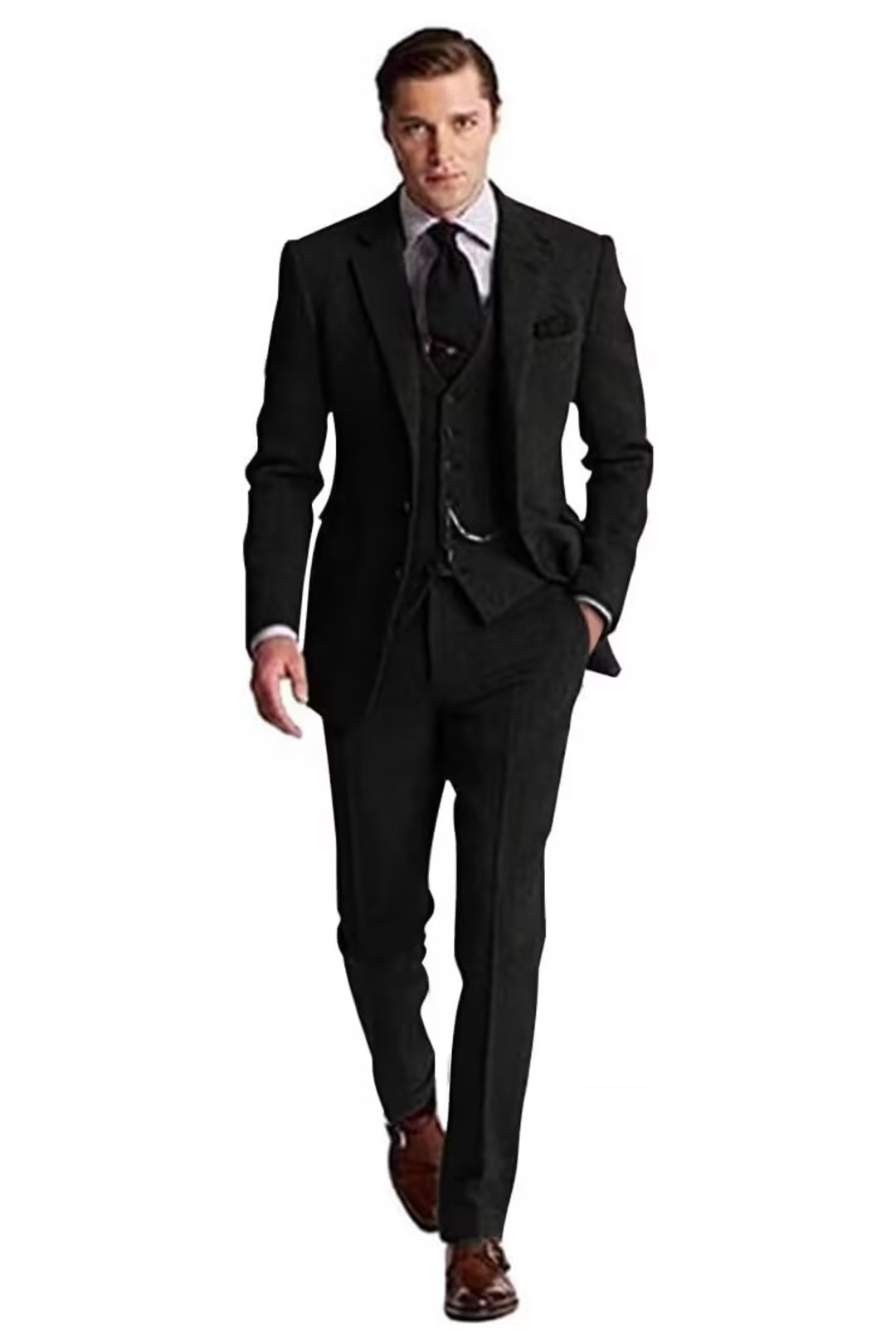 Man wearing a black Slim Fit Herringbone 3-Piece Groom Suit, with a classic retro tuxedo design and sharp tailored fit.