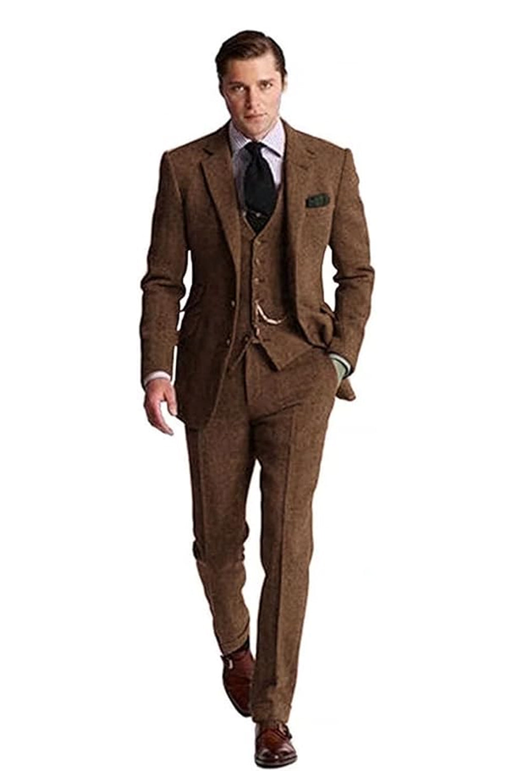 Man wearing a brown Slim Fit Herringbone 3-Piece Groom Suit, showcasing a retro tuxedo look with a tailored fit.
