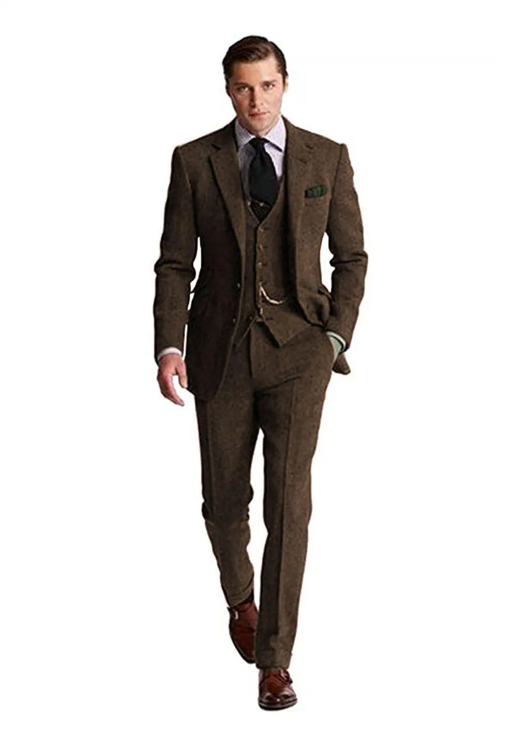 Man in a dark brown Slim Fit Herringbone 3-Piece Groom Suit, with a well-tailored tuxedo blazer and waistcoat.