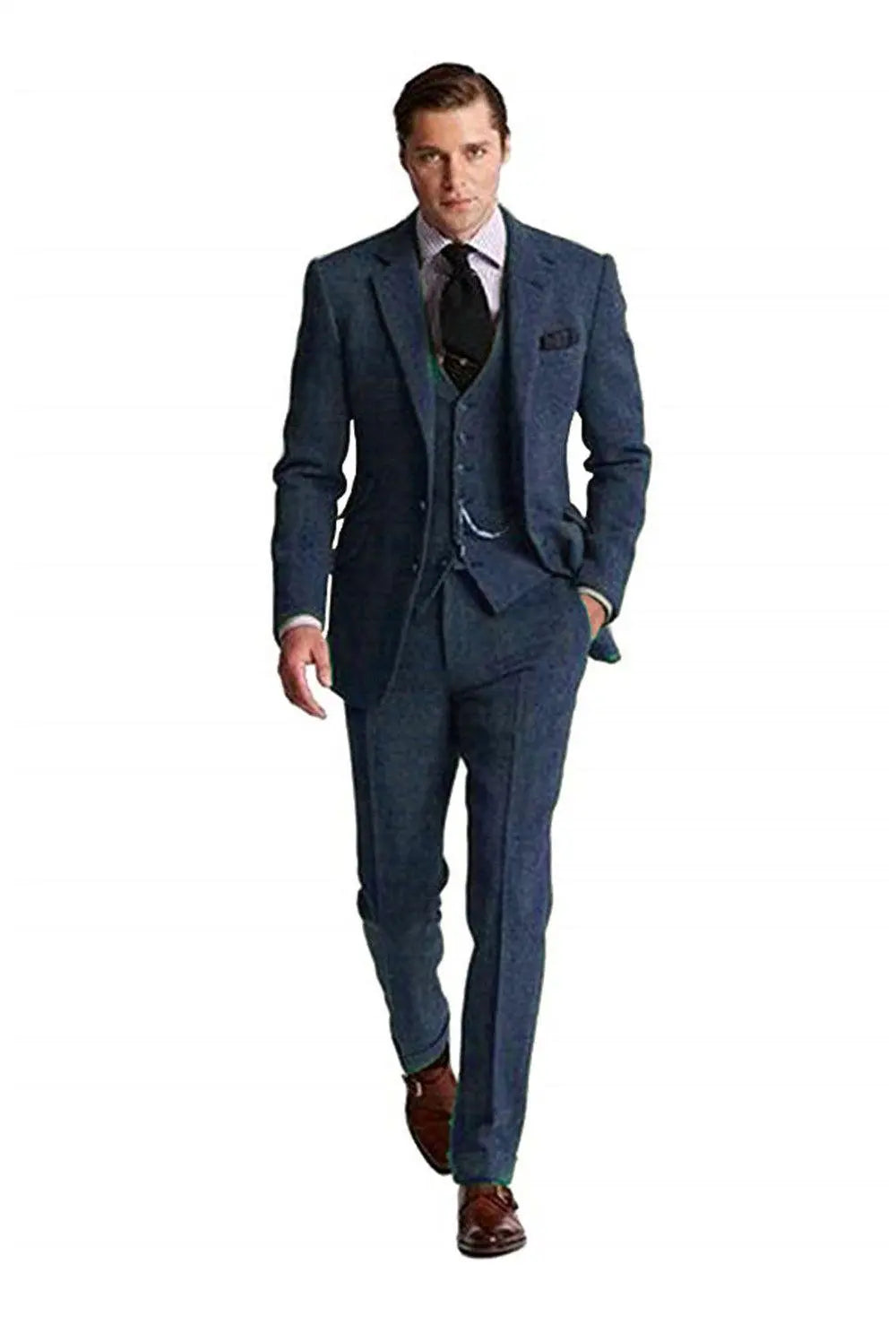 Man wearing a navy blue Slim Fit Herringbone 3-Piece Groom Suit, with a classic tuxedo design and a modern tailored fit.