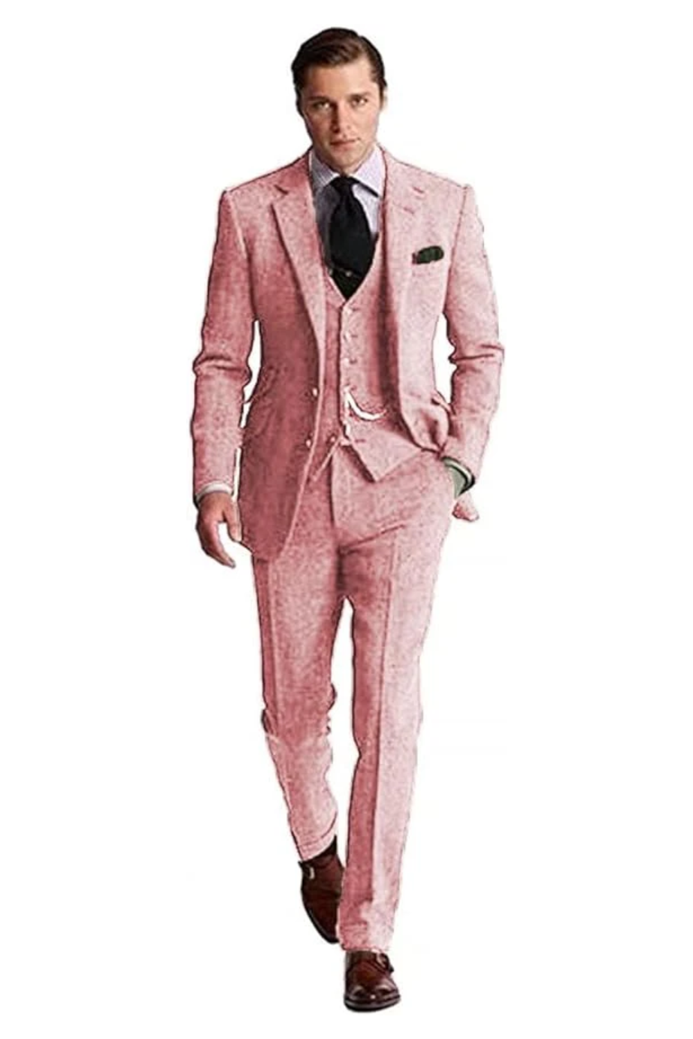 Man in a pink Slim Fit Herringbone 3-Piece Groom Suit, featuring a vibrant tuxedo design with sleek lines and elegant tailoring.