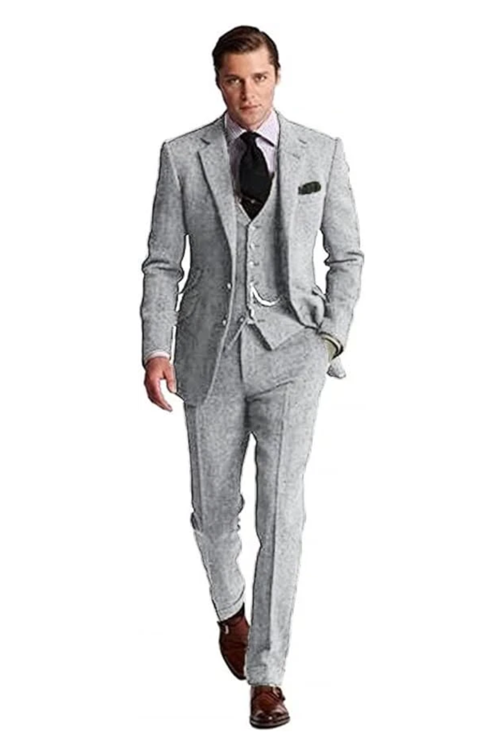 Man in a silver Slim Fit Herringbone 3-Piece Groom Suit, exuding a sleek retro tuxedo style with sharp tailoring.