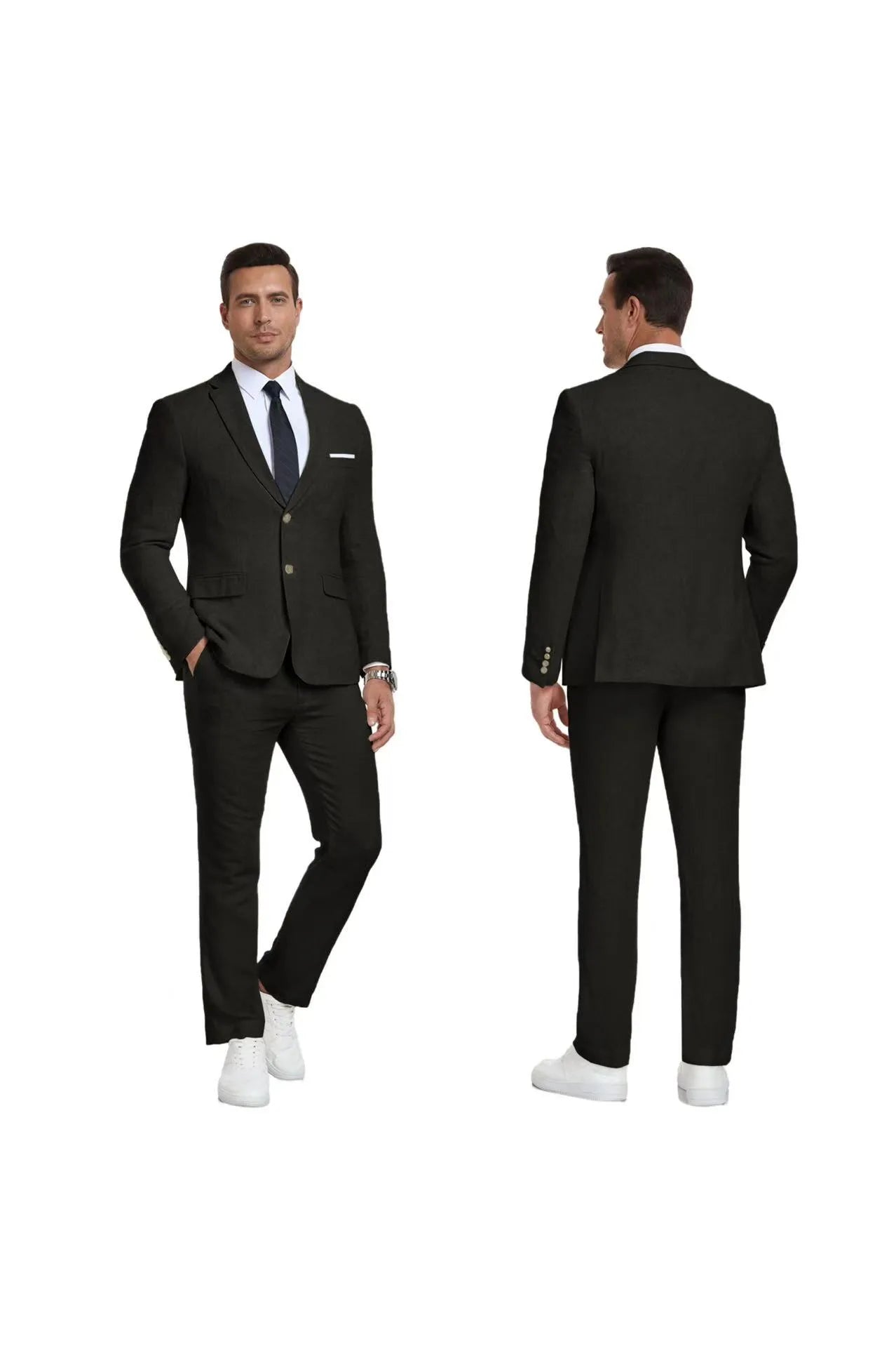 Classic Black 2 Piece Linen Suit – Front and Back Style Display – Wehilion® ™