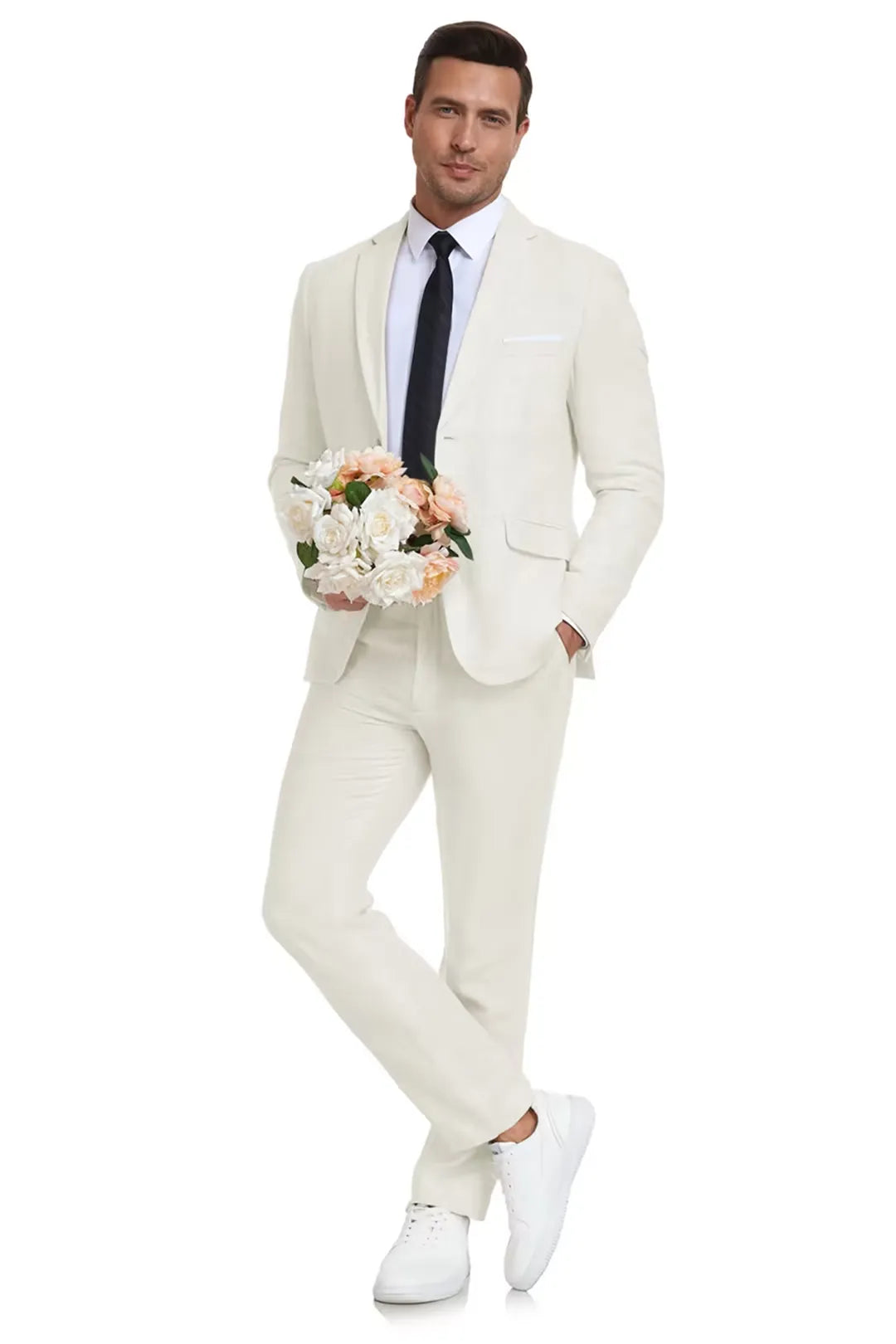 Ivory slim fit linen suit for men’s destination weddings