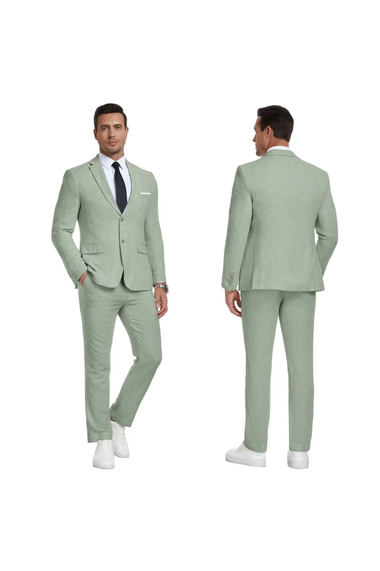 Front and back view of light green men’s linen suit – slim-fit summer formalwear