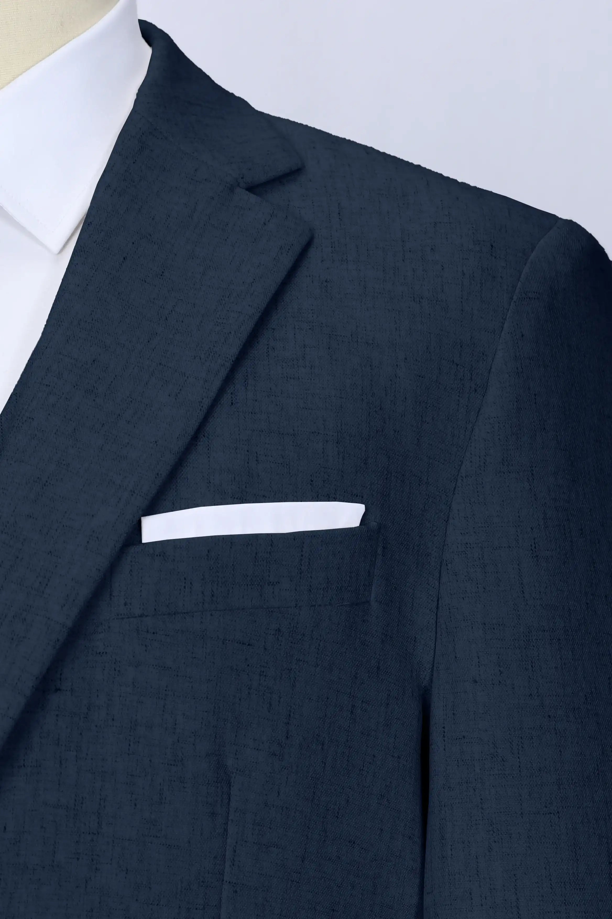 Close-Up of Navy Linen Suit Fabric – Cool and Textured Weave – Wehilion® ™