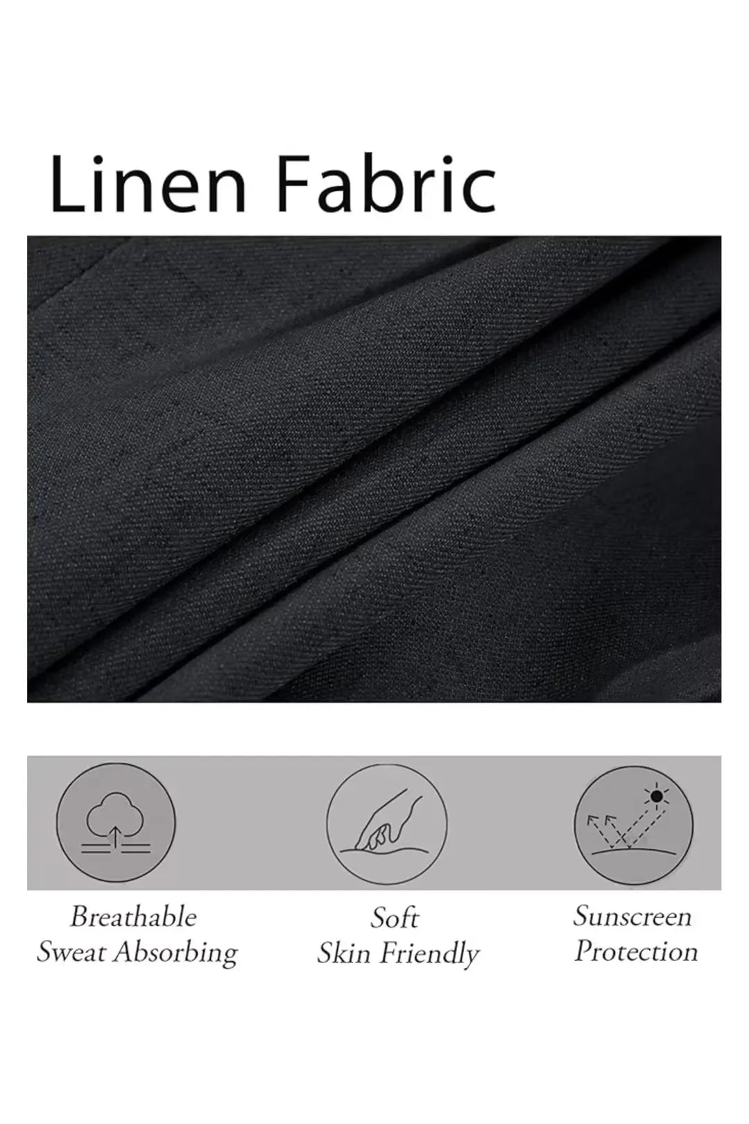 Detailed shot of breathable black linen fabric from men's slim fit 2 piece summer suit, lightweight and soft for beach weddings.
