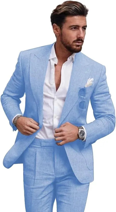Close-up of men's light blue linen slim fit 2 piece suit showing peaked lapel jacket and tailored trousers, styled for prom or casual wear.
