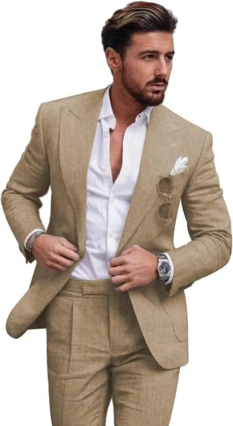 Close-up of men's light khaki linen slim fit 2 piece suit featuring peaked lapel jacket and trousers, styled with shirt for summer events.