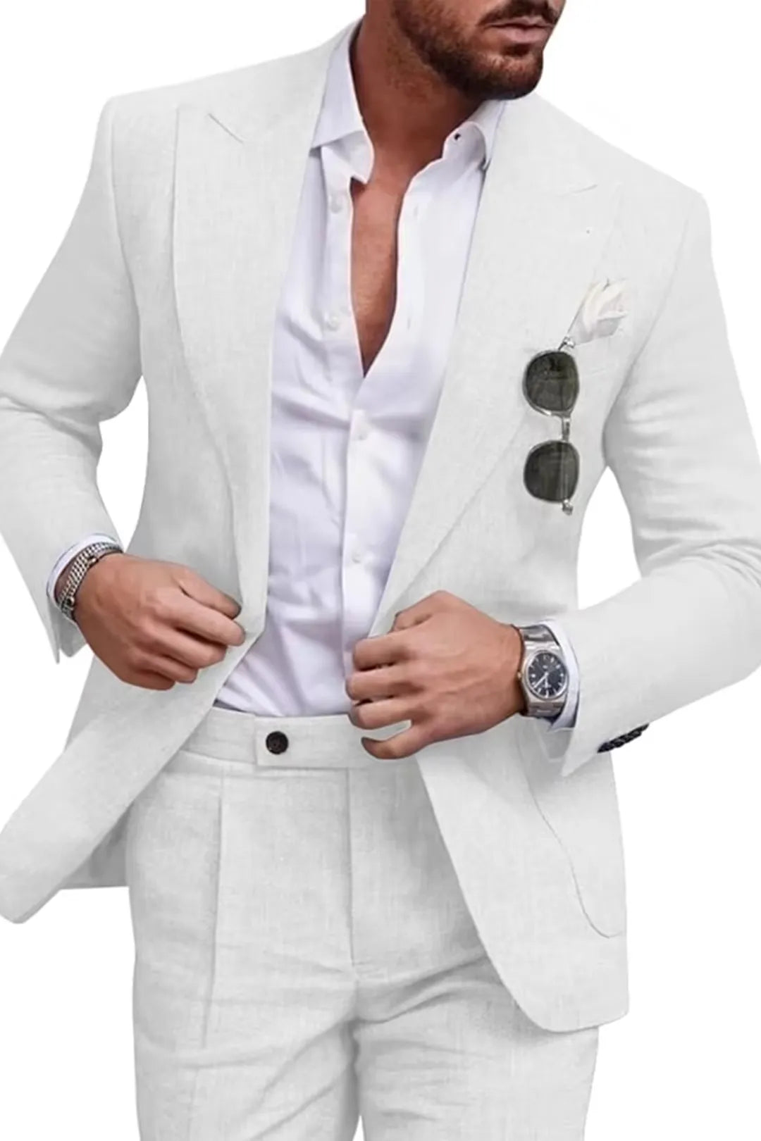Close-up of men's white linen slim fit suit with peaked lapel jacket.