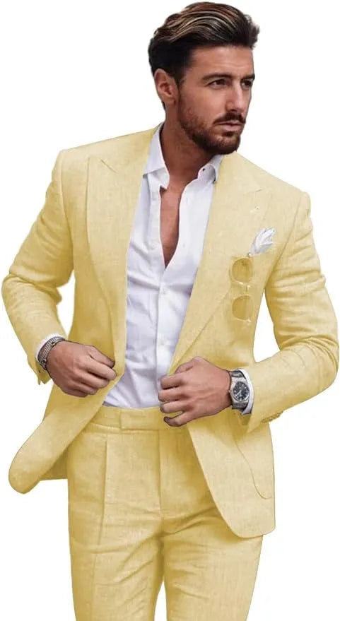 Man in yellow slim fit linen 2 piece summer suit with peaked lapel blazer, styled with shirt for prom and casual summer events.