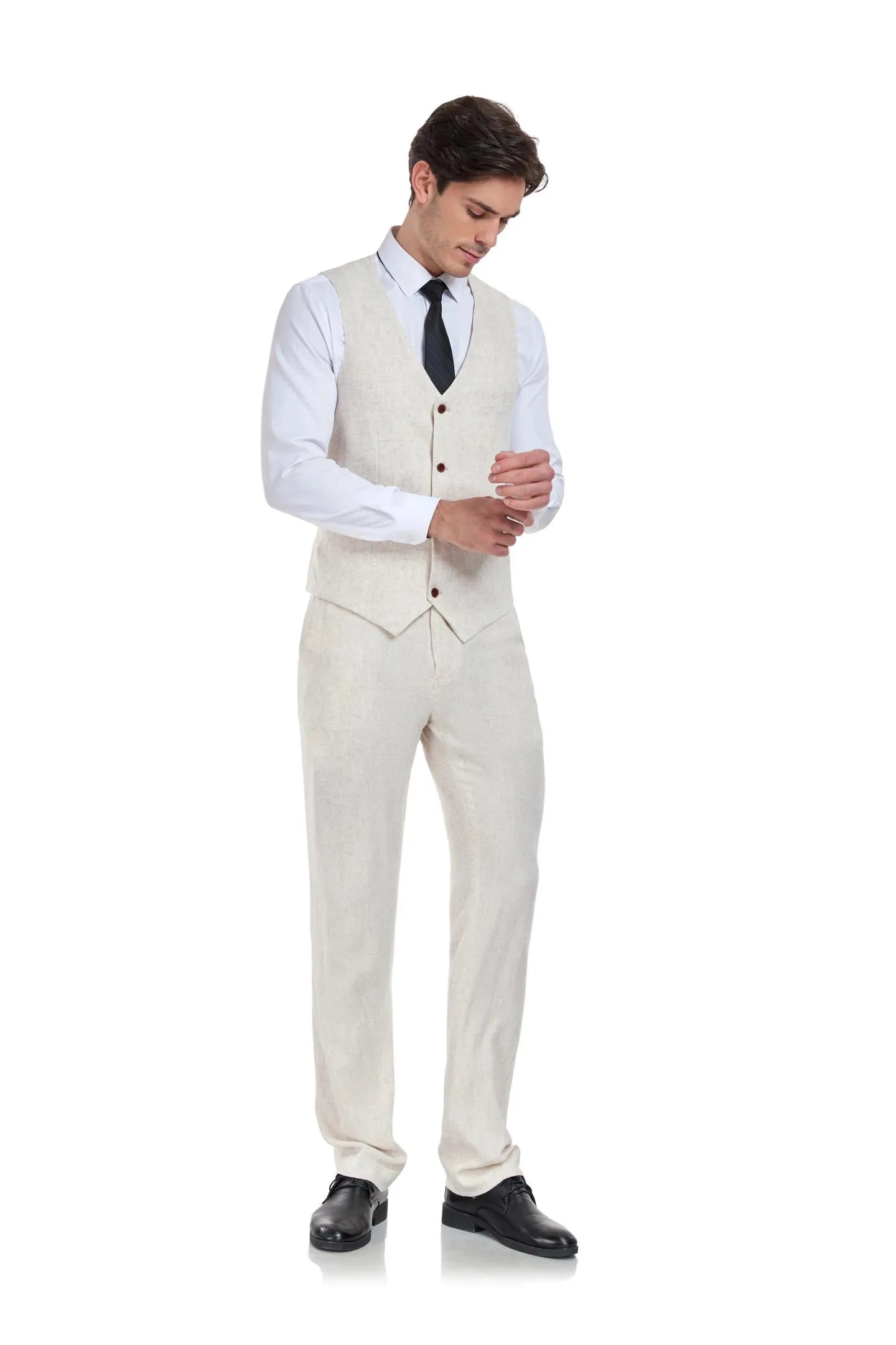 Close-up of men’s beige linen vest with V-neck design – part of 2 piece summer suit set