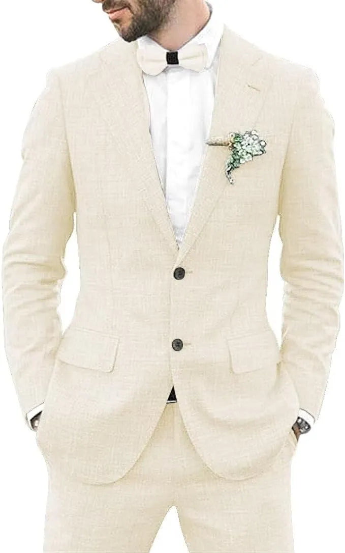 men's linen 2 piece slim fit suit in beige, styled with blazer and shorts, summer casual wedding look front pose