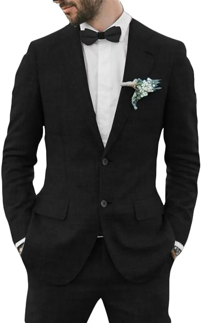 slim fit men's linen 2 piece suit in black with shorts, styled with open collar shirt for casual summer events