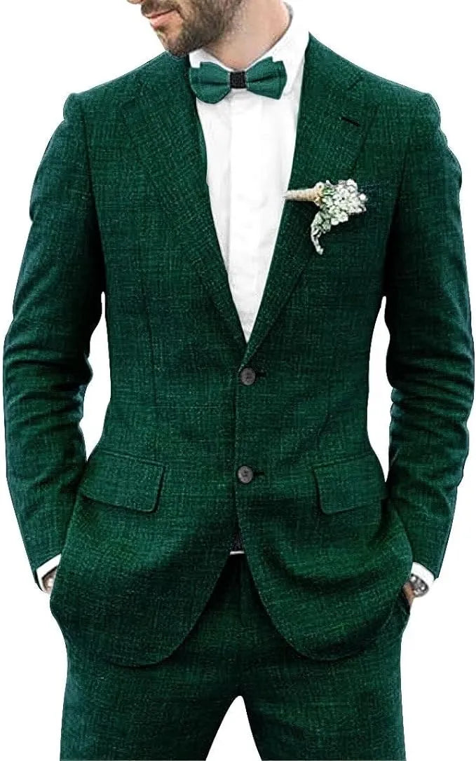 slim fit men's linen 2 piece suit in dark green with shorts, paired with blazer for casual summer weddings