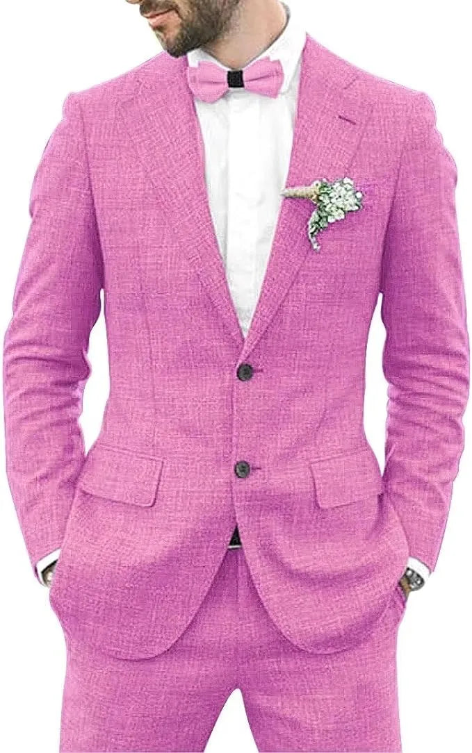 men's linen 2 piece slim fit suit in dark pink with shorts and bow tie, styled for festive summer occasions