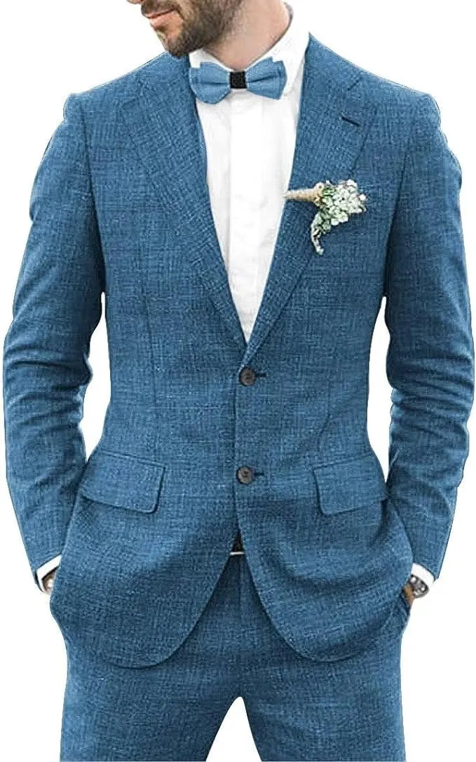 slim fit men's linen 2 piece suit in dusty blue with shorts and notch lapel, summer wedding style