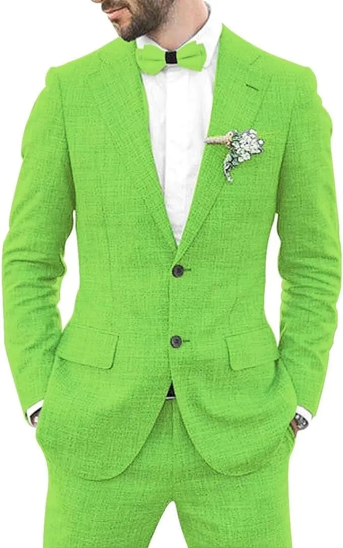 fresh green men's linen 2 piece slim fit suit with shorts and blazer, designed for outdoor summer occasions