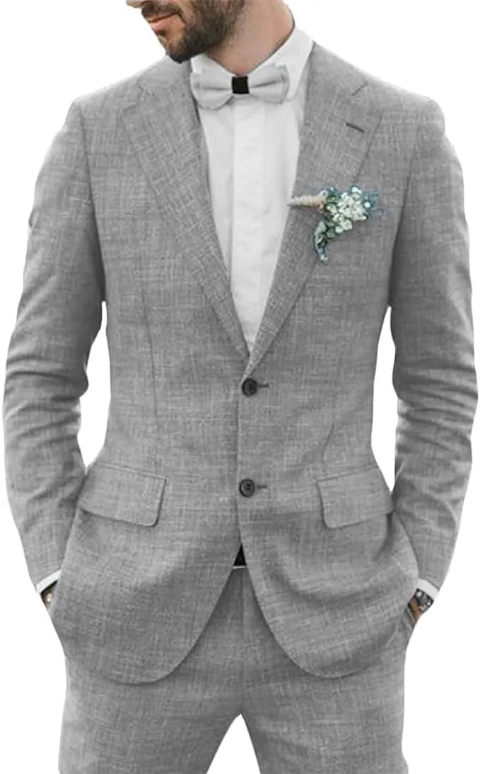 light grey men's linen 2 piece slim fit suit with blazer and shorts, styled with white shirt for summer events