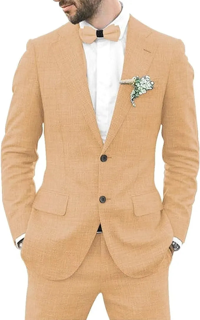 casual khaki men's linen 2 piece slim fit suit with shorts and rolled sleeves, summer wedding style