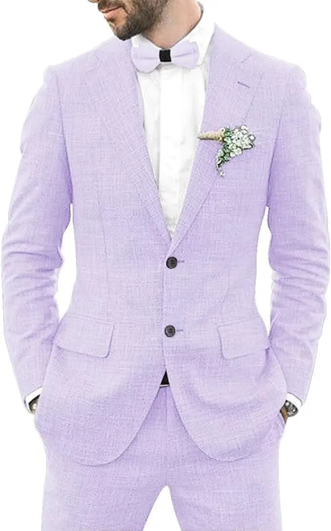 light purple men's linen 2 piece slim fit suit with blazer and shorts, styled with white shirt and boutonniere