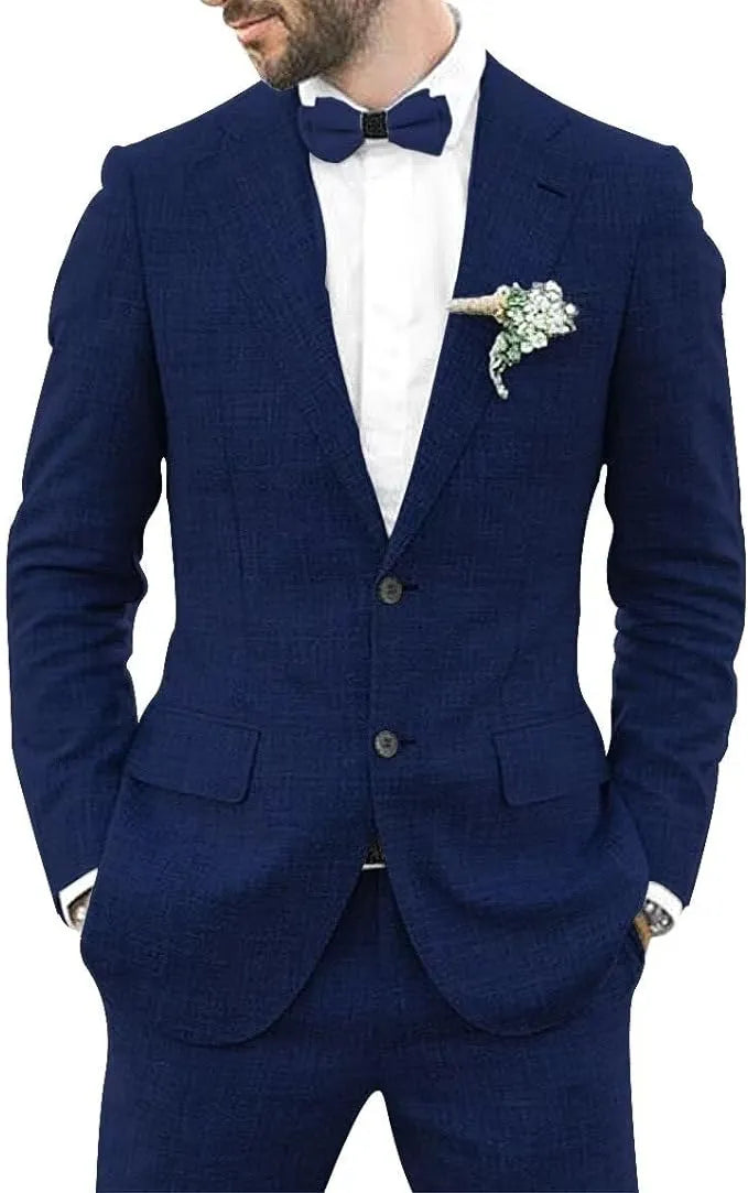 navy blue men's linen 2 piece slim fit suit with shorts and blazer, styled for semi-formal summer events