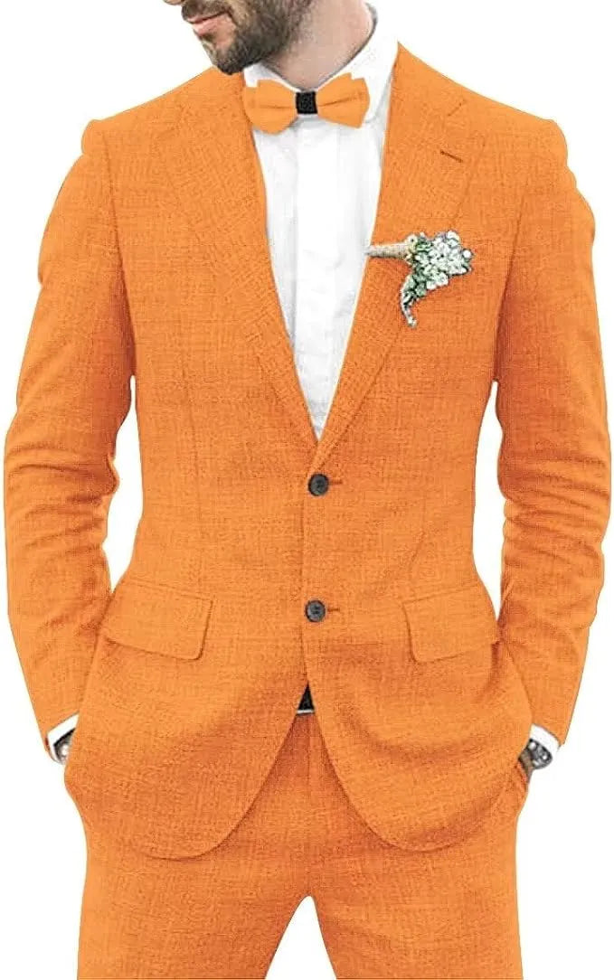 orange men's linen 2 piece slim fit suit with shorts, styled with lapel flower for summer wedding look