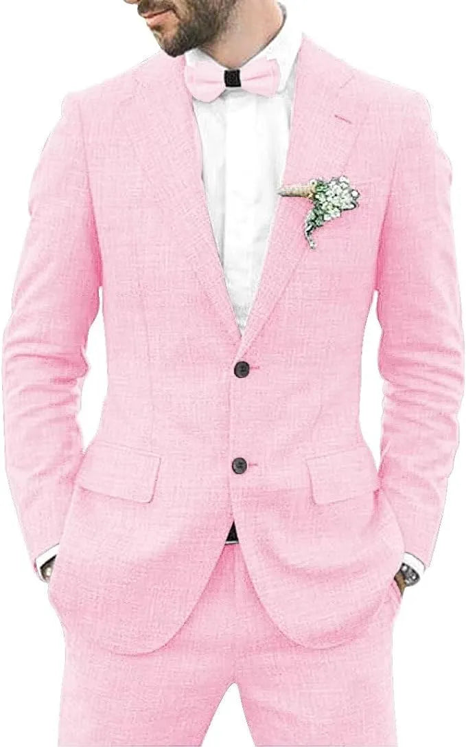 two piece light pink men's linen slim fit suit with shorts, styled for outdoor summer wedding ceremony