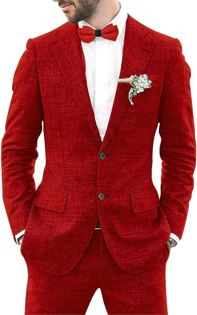 classic red men's linen 2 piece slim fit suit with shorts, styled for summer wedding and events
