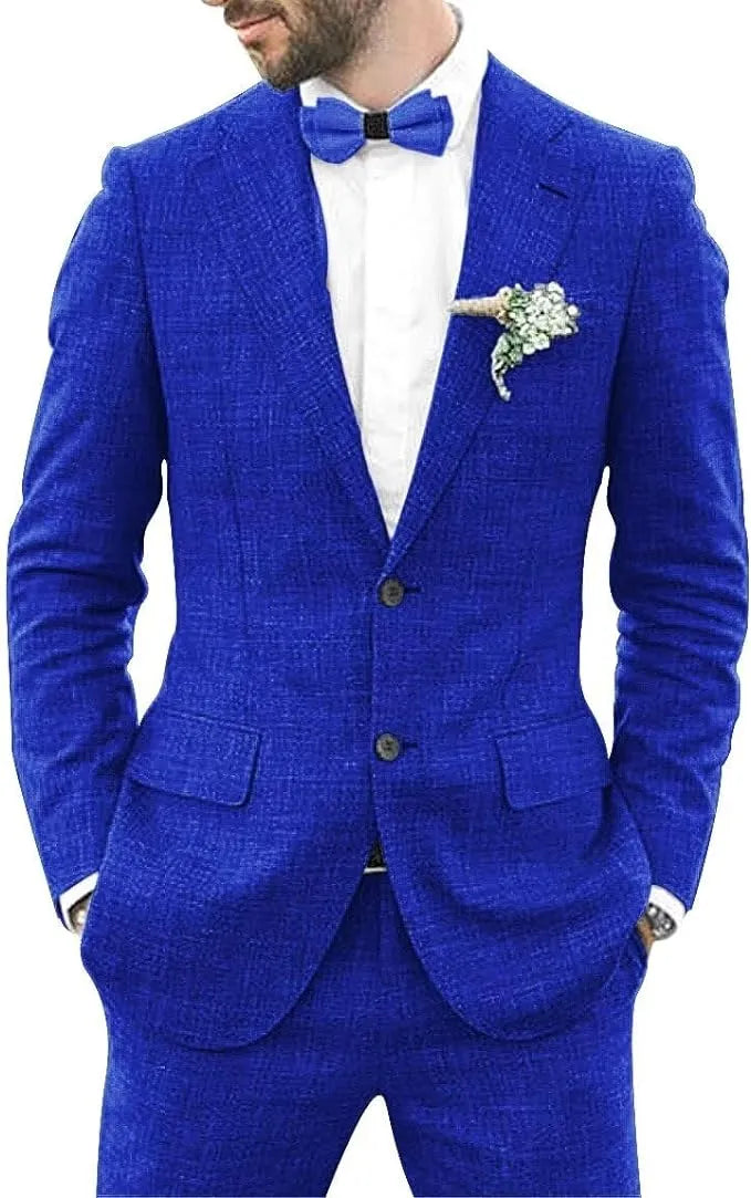 vibrant royal blue men's linen 2 piece slim fit suit with shorts, styled with lapel detail for summer event