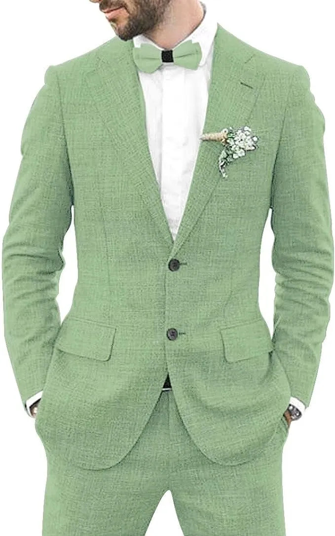 two piece sage green men's linen slim fit suit with shorts, styled with flower boutonniere for summer event