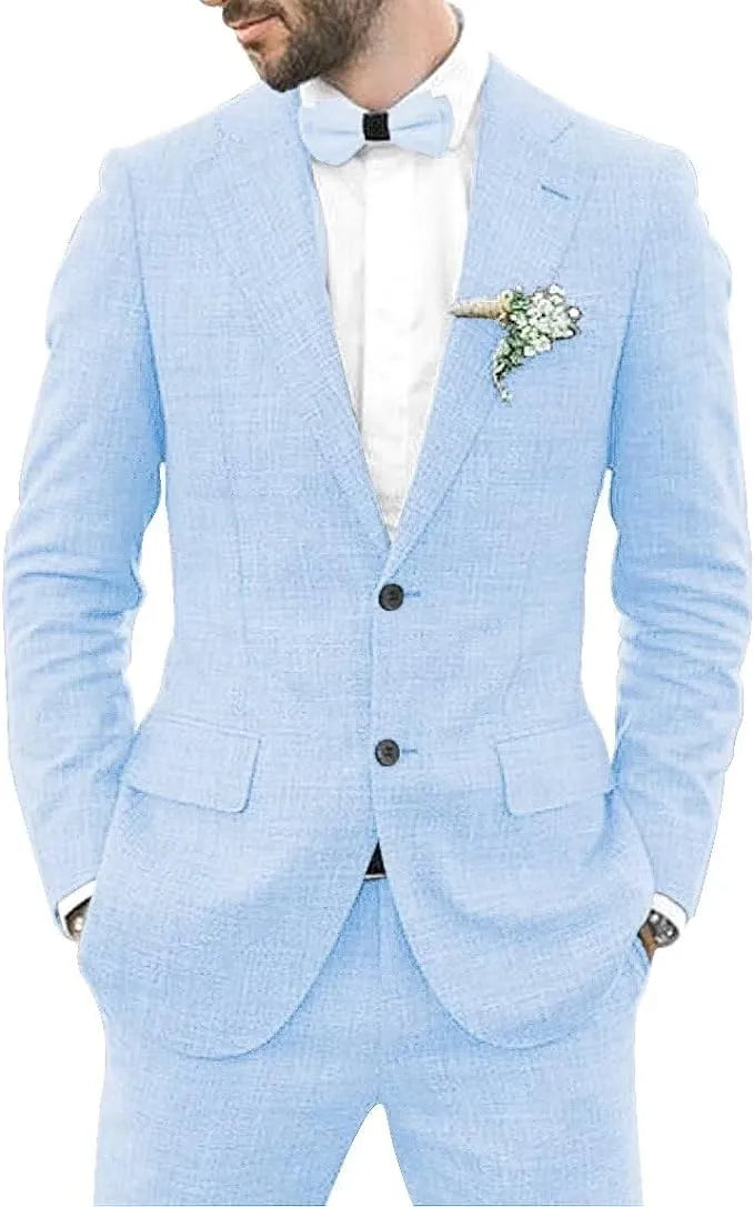 two piece sky blue men's linen slim fit suit with shorts, casual fit summer outfit for weddings and events